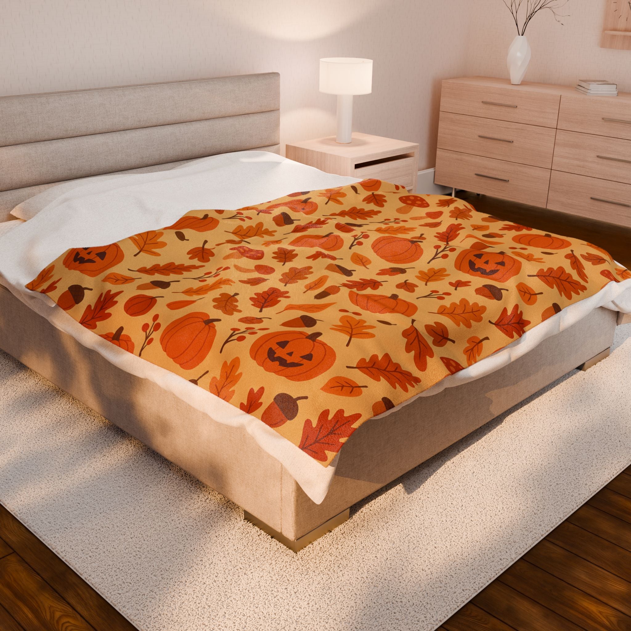 Plush Blanket, Cozy Autumn Pumpkin and Leaf Design, Fall Decor, Halloween Decor, Thanksgiving Blanket, Home Accessories