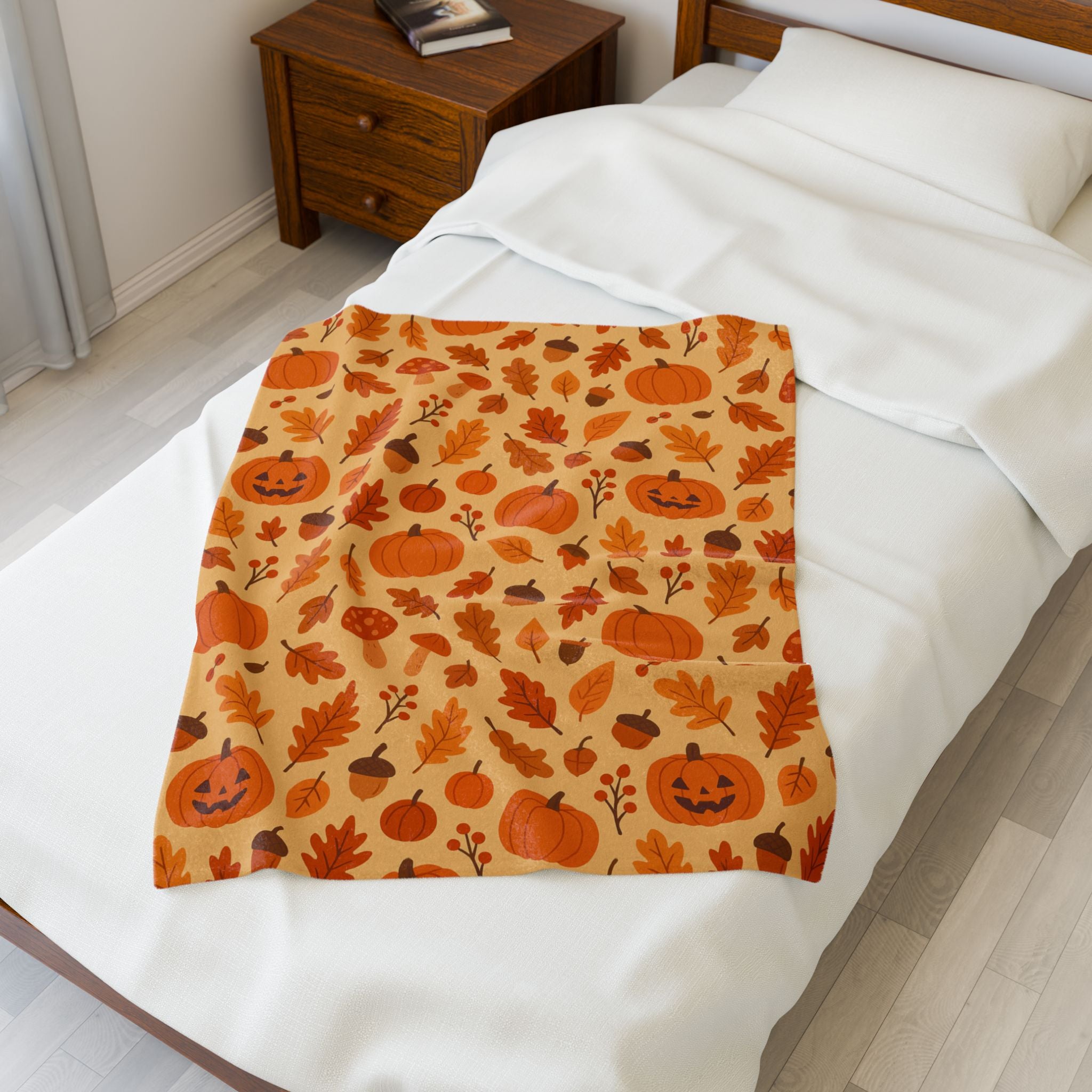 Plush Blanket, Cozy Autumn Pumpkin and Leaf Design, Fall Decor, Halloween Decor, Thanksgiving Blanket, Home Accessories