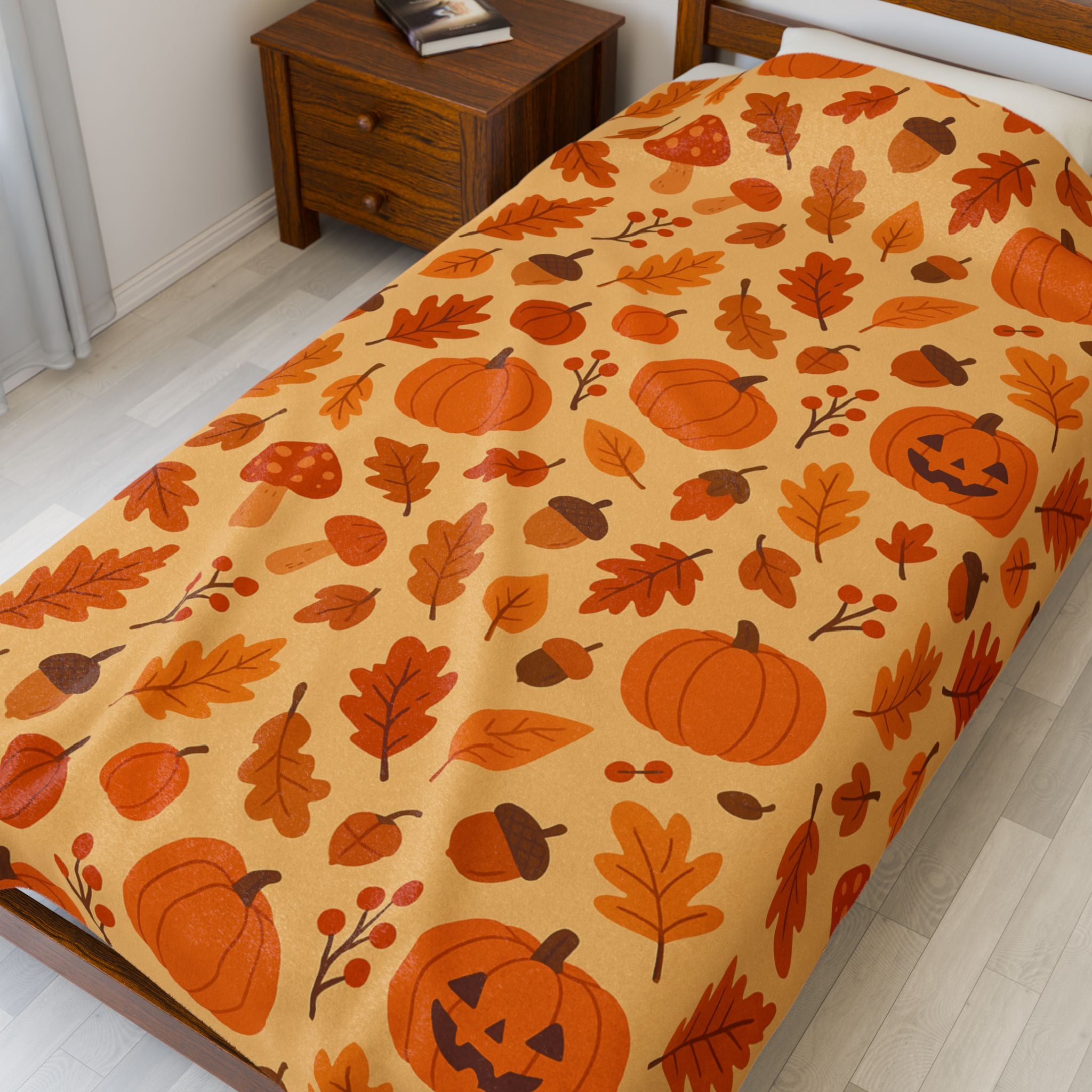 Plush Blanket, Cozy Autumn Pumpkin and Leaf Design, Fall Decor, Halloween Decor, Thanksgiving Blanket, Home Accessories