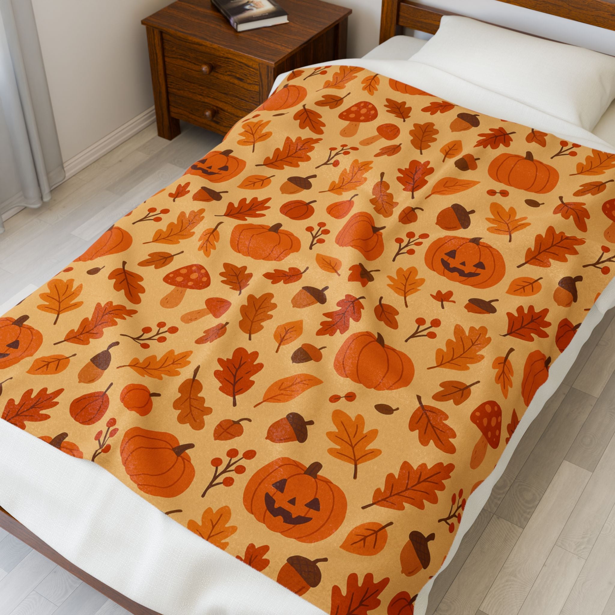 Plush Blanket, Cozy Autumn Pumpkin and Leaf Design, Fall Decor, Halloween Decor, Thanksgiving Blanket, Home Accessories